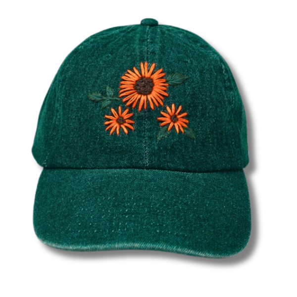 Green Cap with Orange Sunflower Embroidered