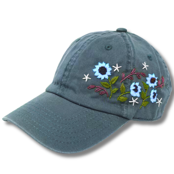 The Gray Cap with Outstanding Blue Sunflower Embroidered