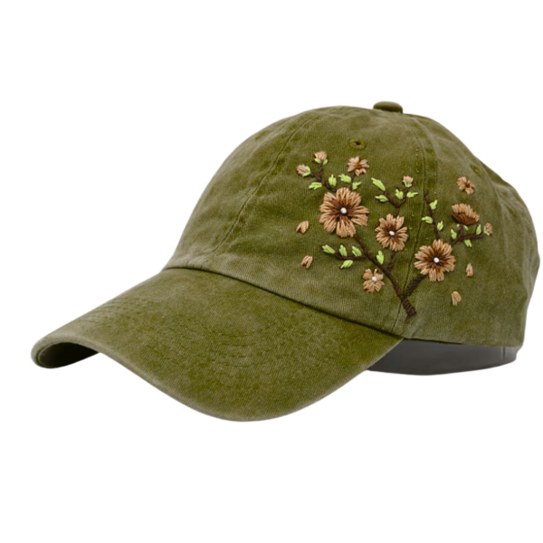 Moss Green Cap with Hand Embroidered Floral