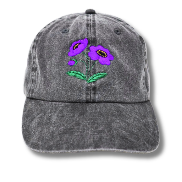 Gray Tongue Hat with Striking Purple Embroidered Floral