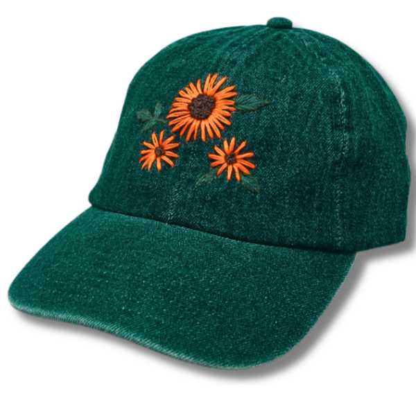 Green Cap with Orange Sunflower Embroidered - Image 2