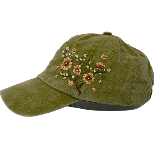 Moss Green Cap with Hand Embroidered Floral - Image 3