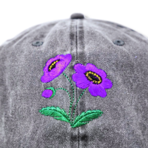 Gray Tongue Hat with Striking Purple Embroidered Floral